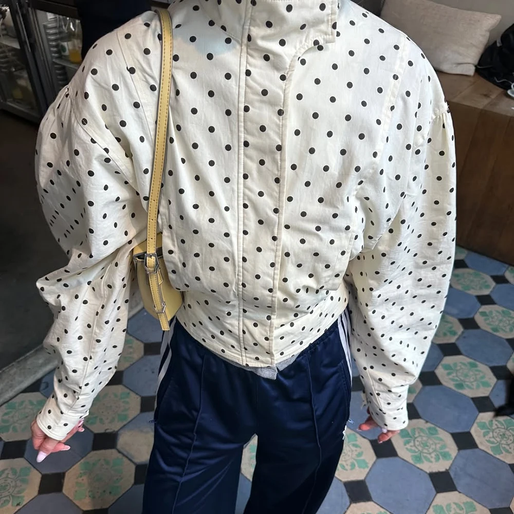 Ticketsx Polka Dot Stand Neck Short Jackets Women Fashion Long Sleeve Patchwork Contrast Slim Coats Casual Lady Street Outerwear
