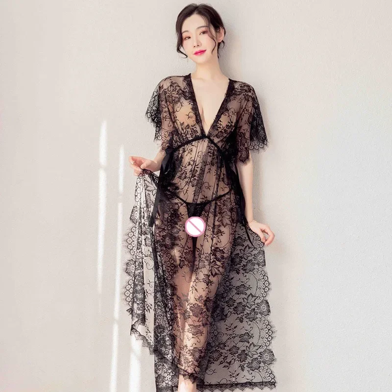 Woman Night Dress Sexy Sleepwear Long-line  Black Lace Dresses Clothes Nightgown with Ruffles Pajamas for Women Nightgowns
