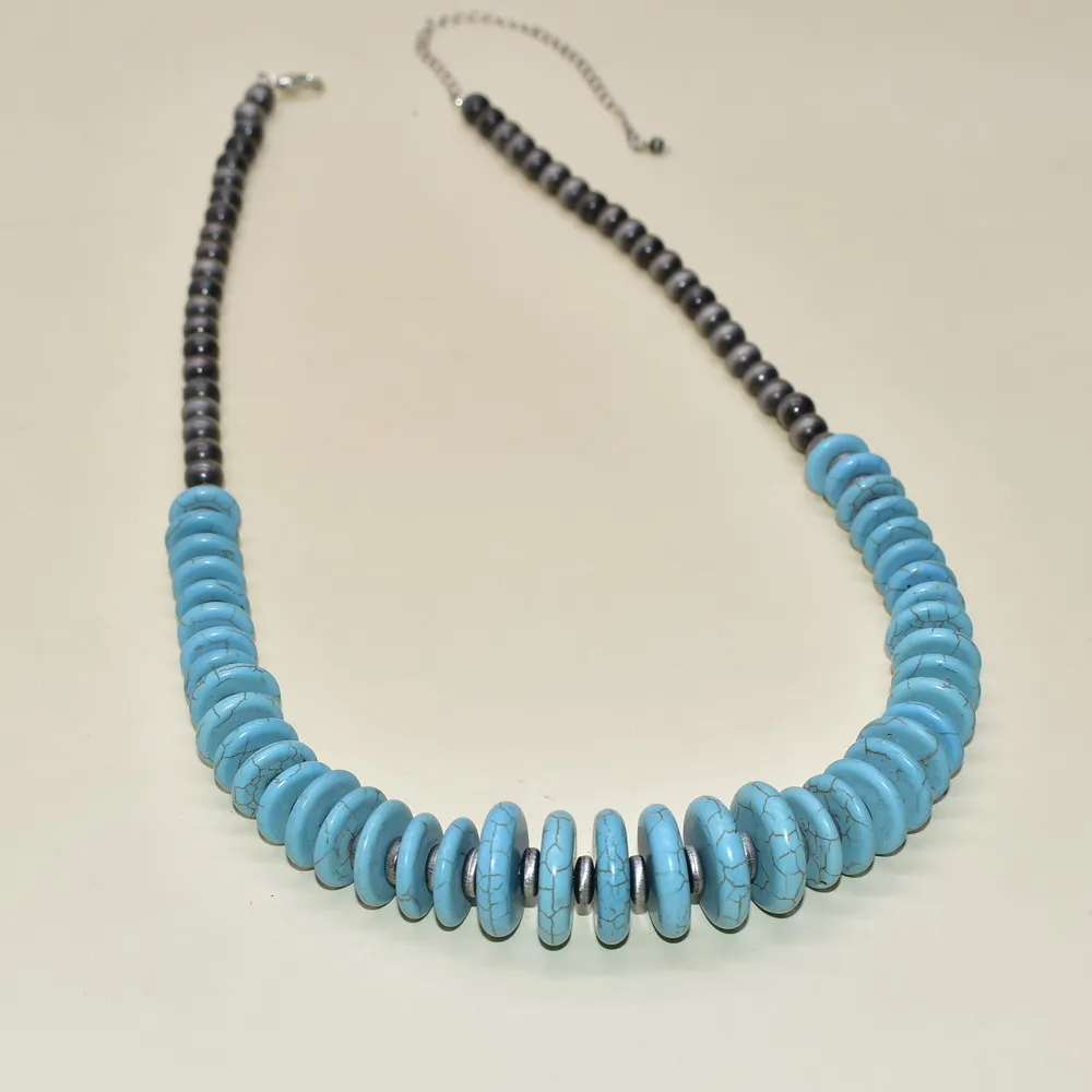 ​Western Style Navajo Pearls Beads With Turquoise Spacers Bead Long Chain Necklace For Women