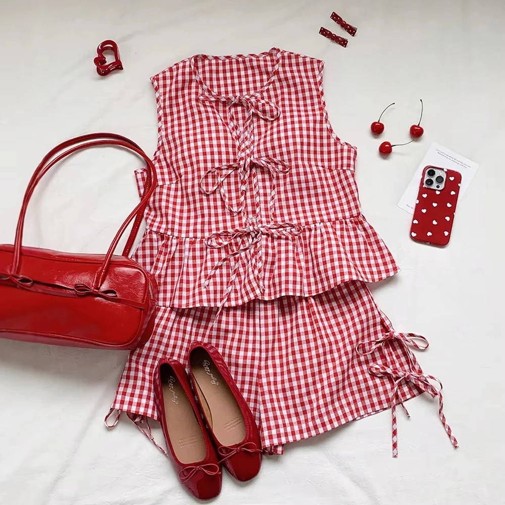 

Летние женские милые комплекты с галстуком-бабочкой на шнуровке K-Style Плед на шнуровке без рукавов с овальным вырезом Симпатичная юбка с высокой талией Повседневные комплекты для женщин