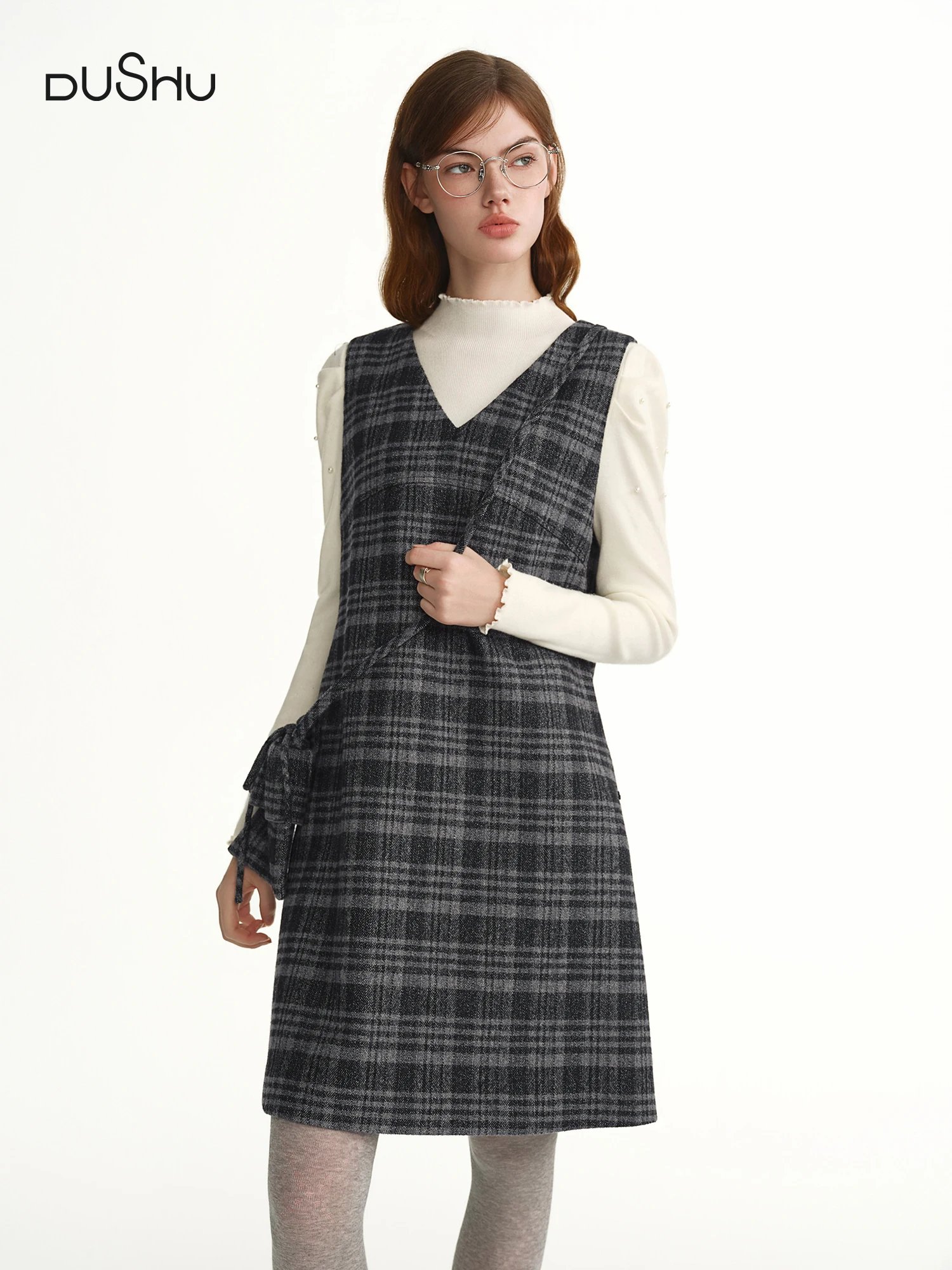 DUSHU حجم كبير المرأة الأخضر ملاحظات حقيبة كروسبودي مزين منقوشة سترة فستان 2025 شتاء جديد وصول فقط سترة فساتين مع حقيبة #1