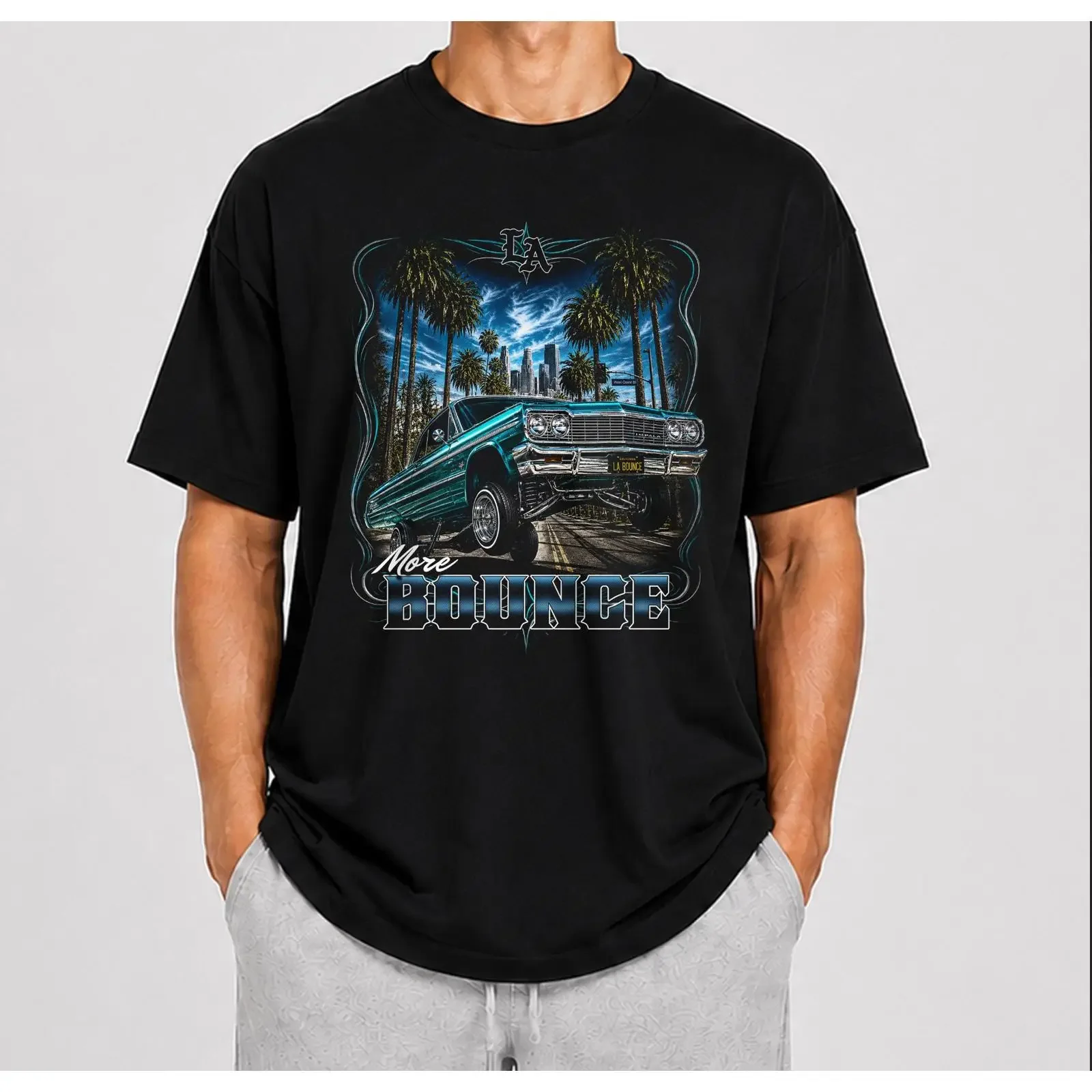 Vintage LA More Bounce Lowrider T Shirt West Coast Chicano Style vintage Washed Breathable Stylish streetwear graphic Casual