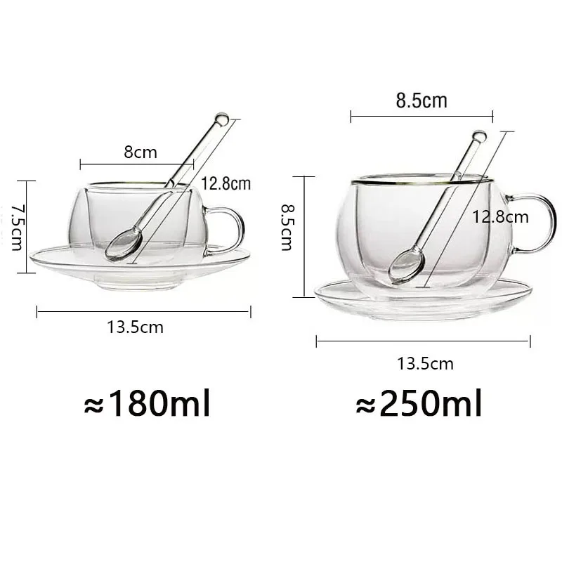 YWDL 180/250ml Double Wall Glass With Dish And Spoon Clear Glass Espresso Cups Set Heat Resistant Handle Coffee Mug Drinkware