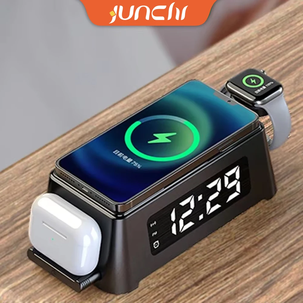 Dock Digital Alarm Clock 3 in 1 Wireless Charger for Apple Watch/iPhone 15/14/12/11/8/XR/AirPods 3 Pro 15W Fast Wireless Charger