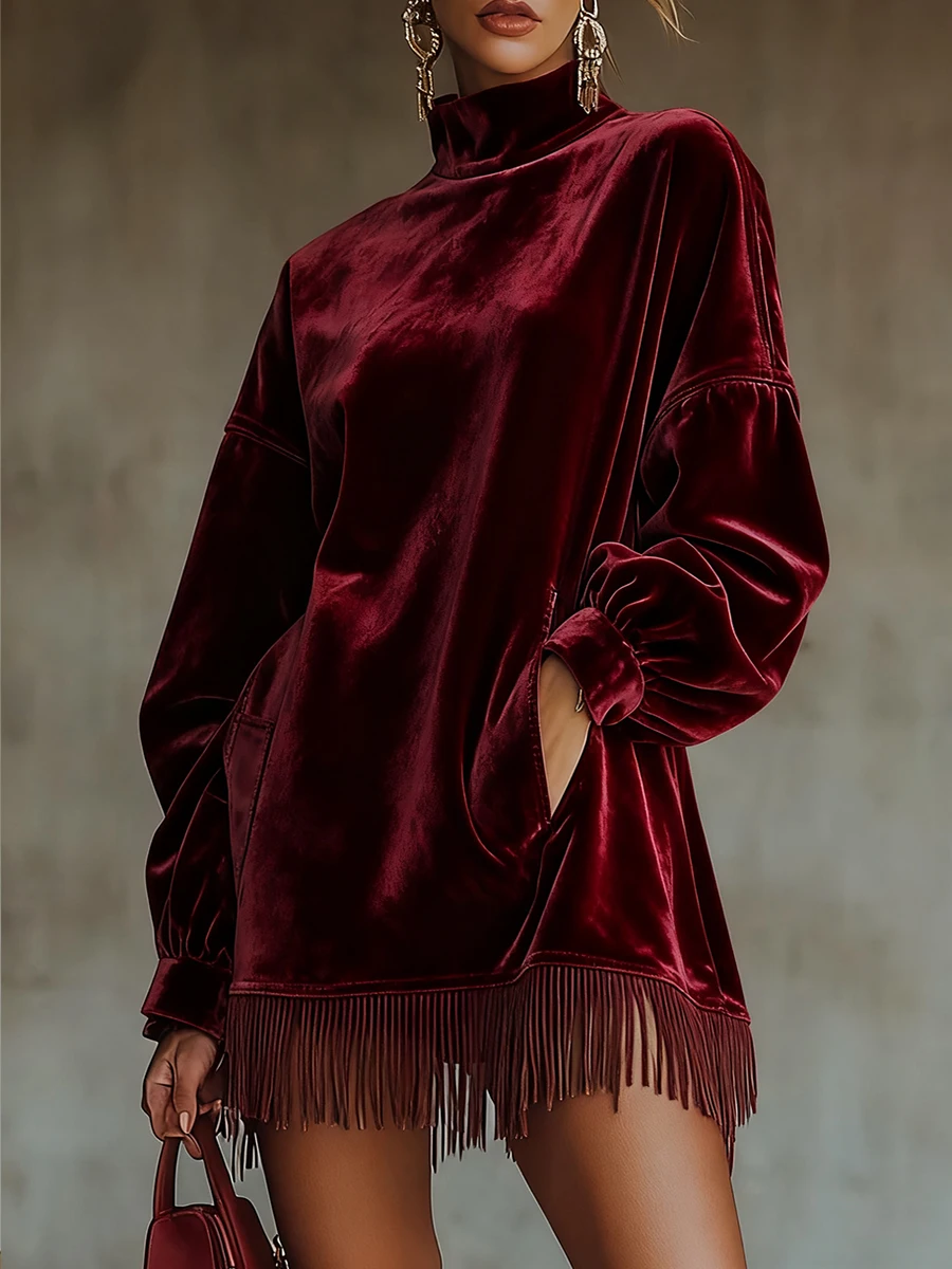 المرأة المخملية شرابة هيم فستان قصير جيوب الياقة المدورة فضفاضة شيك فانوس كم الصلبة عادية أنيقة الخريف خمر فستان