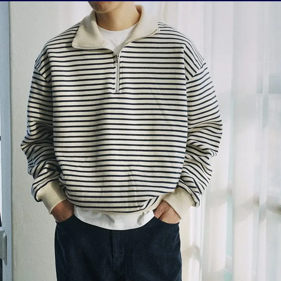 Half Zipper Lapel Striped Sweatshirt Men Pullover Autumn New Korean Version Contrast Color Loose Casual Long Sleeve Sweatshirts