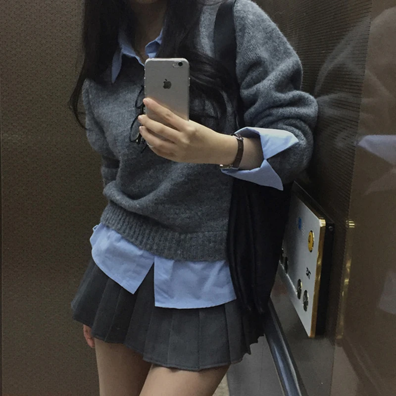 Sweter patchworkowy streetwear damski, modny, z długim rękawem, dzianinowy pulower, koreański kołnierzyk, dzianiny, zimowe swetry codzienne