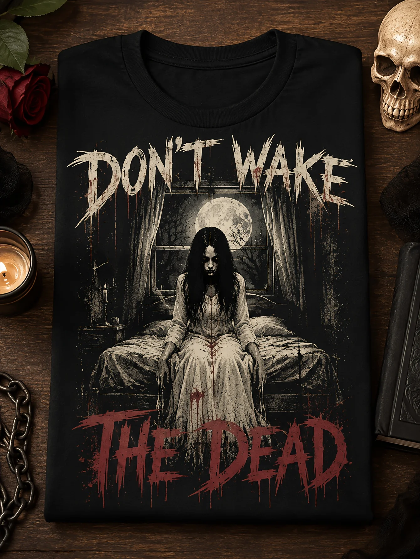 Don'T Wake The Dead Scary Woman Graphic Unisex T-Shirt Pure Crew Neck Short Sleeve Halloween Horror Gothic Dark Haunted Scary