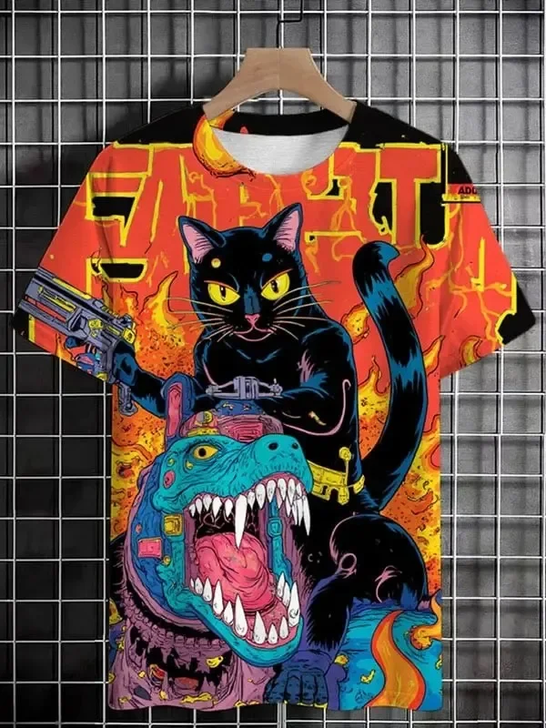 Men's Funny 3D Fantasy Animal Cat Dinosaur Print T shirt Loose Men Short Sleeve Cartoon Tees Outdoor Casual Streetwear Party Top