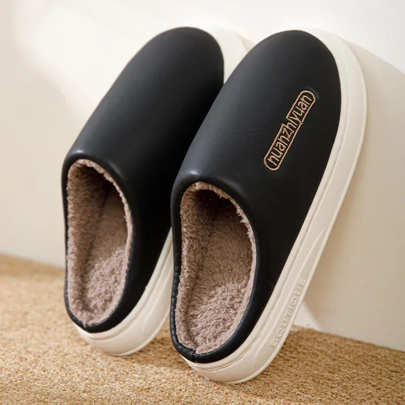 

Men Anti-slip Waterproof Winter Cotton Slippers Women Home Indoor Warm House Shoes Unisex Couple Soft Flat PVC Sole Footwear