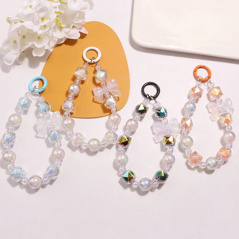 Korean Ins Style Beaded Mobile Phone Chain Acrylic Beaded Bow Wrist Strap Bag Headphone Pendant Charms Phone Keychain