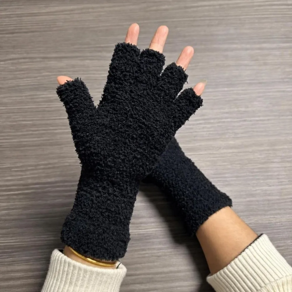 Soft Solid Color Half Finger Gloves Coral Fleece Touchscreen Knitted Gloves Elastic Cuff Thicken Warm Gloves Outdoor