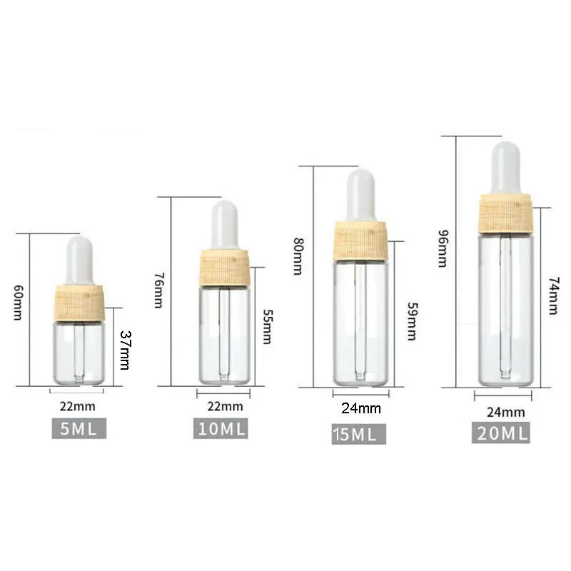 10X 5ml - 20ml Clear Glass Dropper Bottle Eye Drop Dripper Refillable Essential Oils Fragrance Perfume Pipette Wood Lood Lid Cap