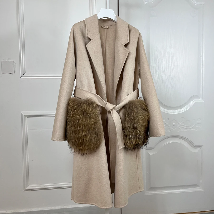 2024 Women Cashmere Cardigan With Fur Long Wool Coat Natural Raccoon Fur Coat Luxury High Quality