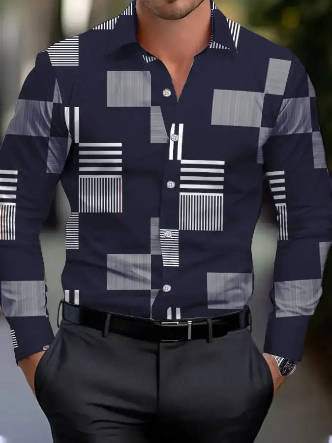 Men\'s shirt regular lapel shirt men\'s 3d printing triangle geometric printing casual street long sleeve fashion printed shirt
