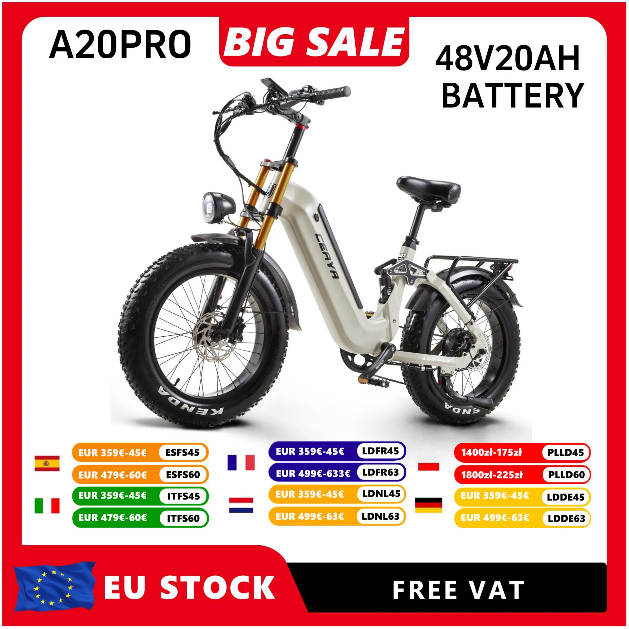 CEAYA A20PRO Elektrofahrrad 48V 20AH Akku E-Mountainbike für Erwachsene, hydraulische Bremsen, Vollfederung, 20*4.0 KENDA E-Bike Mit Breiten Reifen Pendler-E-Bike