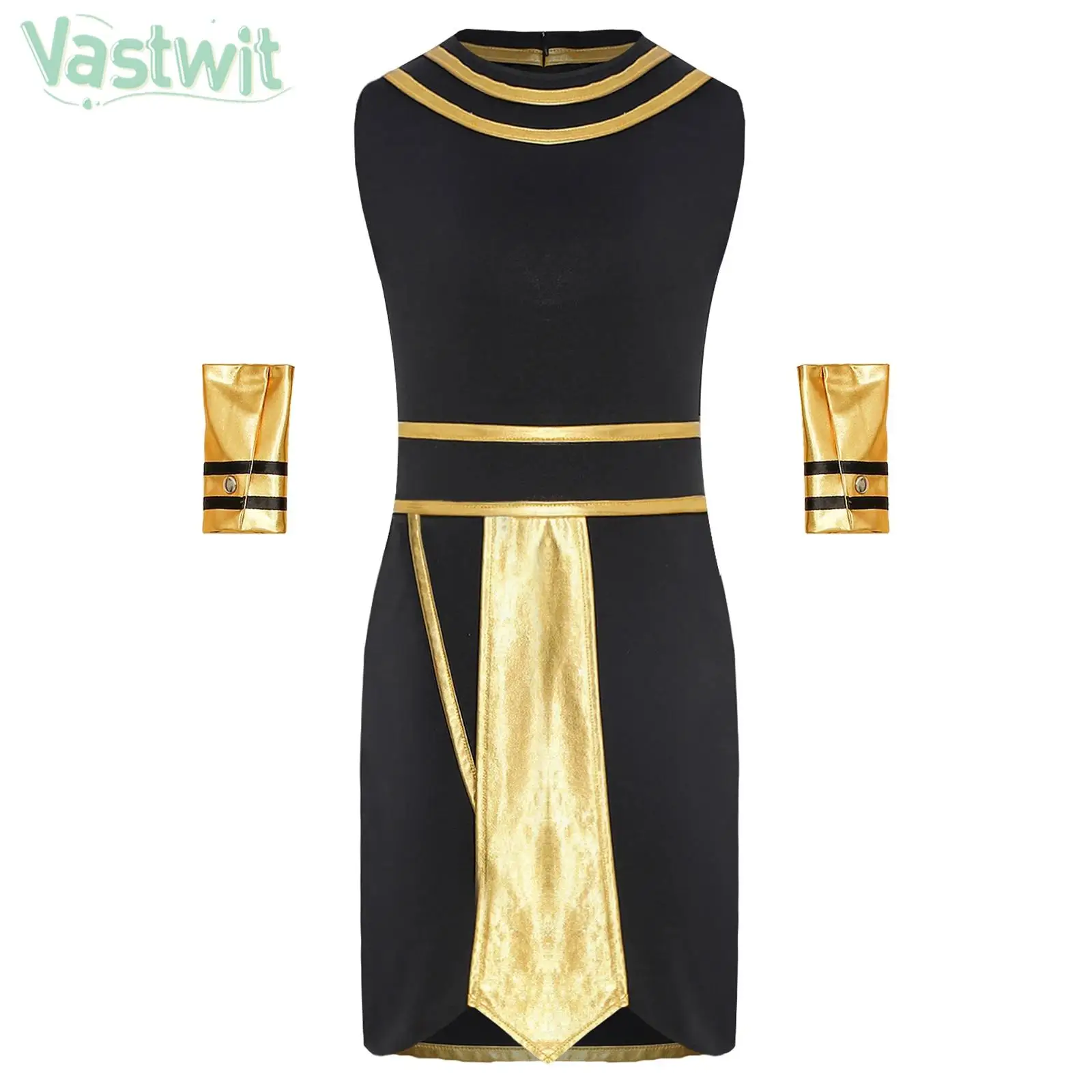 

Child Boys Halloween Egyptian Pharaoh Cosplay Costume Sleeveless Robe with Cuffs Theme Party Carnival Ancient Egypt King Outfit