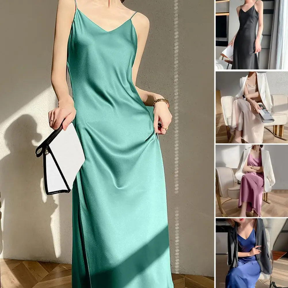 Vintage Satin Women's Bodycon Dress Summer Sexy Spaghetti Strap Long Party Maxi Dresses Midi Robe Female Clothing Streetwear