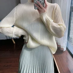 Pleated Blouse Female Pleats Original Spring Autumn Solid Color Nine-minute Sleeve Solid Color Versatile Small T-shirt Female