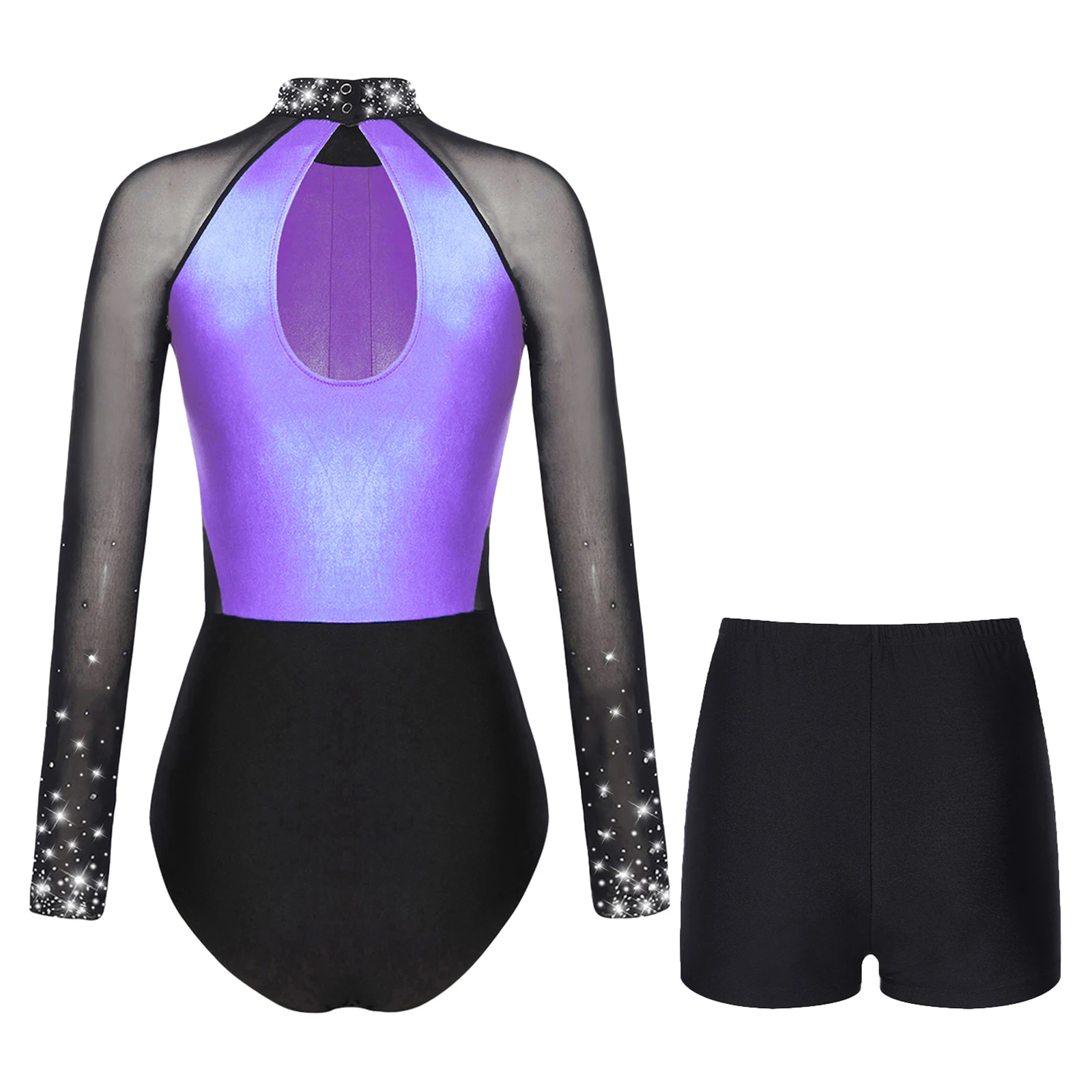 Women Ballet Dance Leotard Gymnastics Figure Skating Performance Costume Sheer Mesh Long Sleeve Bodysuit Dancewear with Shorts