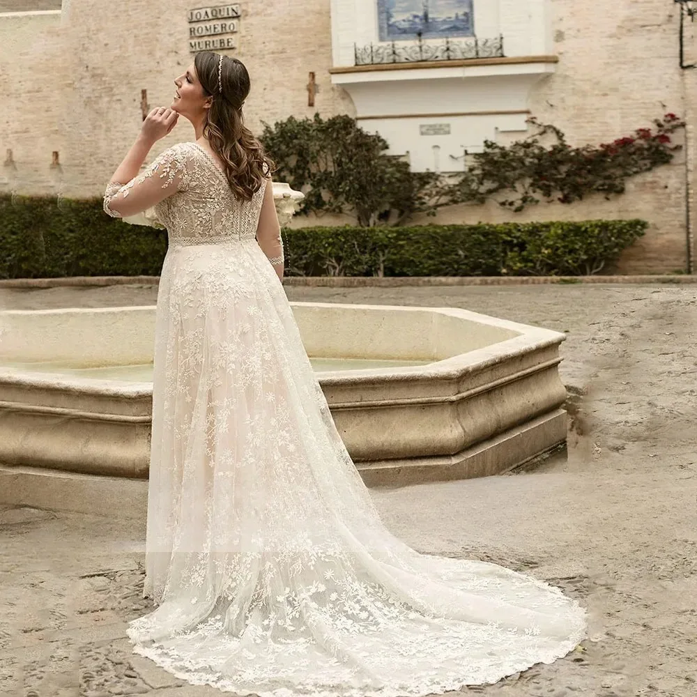 Exquisite Plus Size Wedding Dresses For Women Three Quarter Sleeves Bride Gowns Tulle With Lace Applique A-Line Vestido De Novia