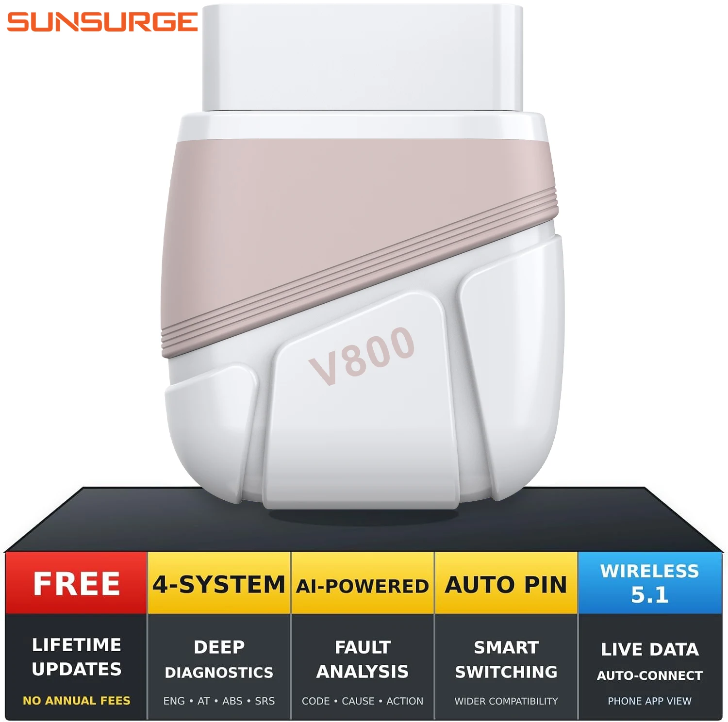Scanner Bluetooth OBD2 Sunsurge V800, lettore di codici per motore, ABS e SRS, strumento di diagnostica per auto, lettore di codici per auto, strumento di diagnostica per auto, lettura rapida dei