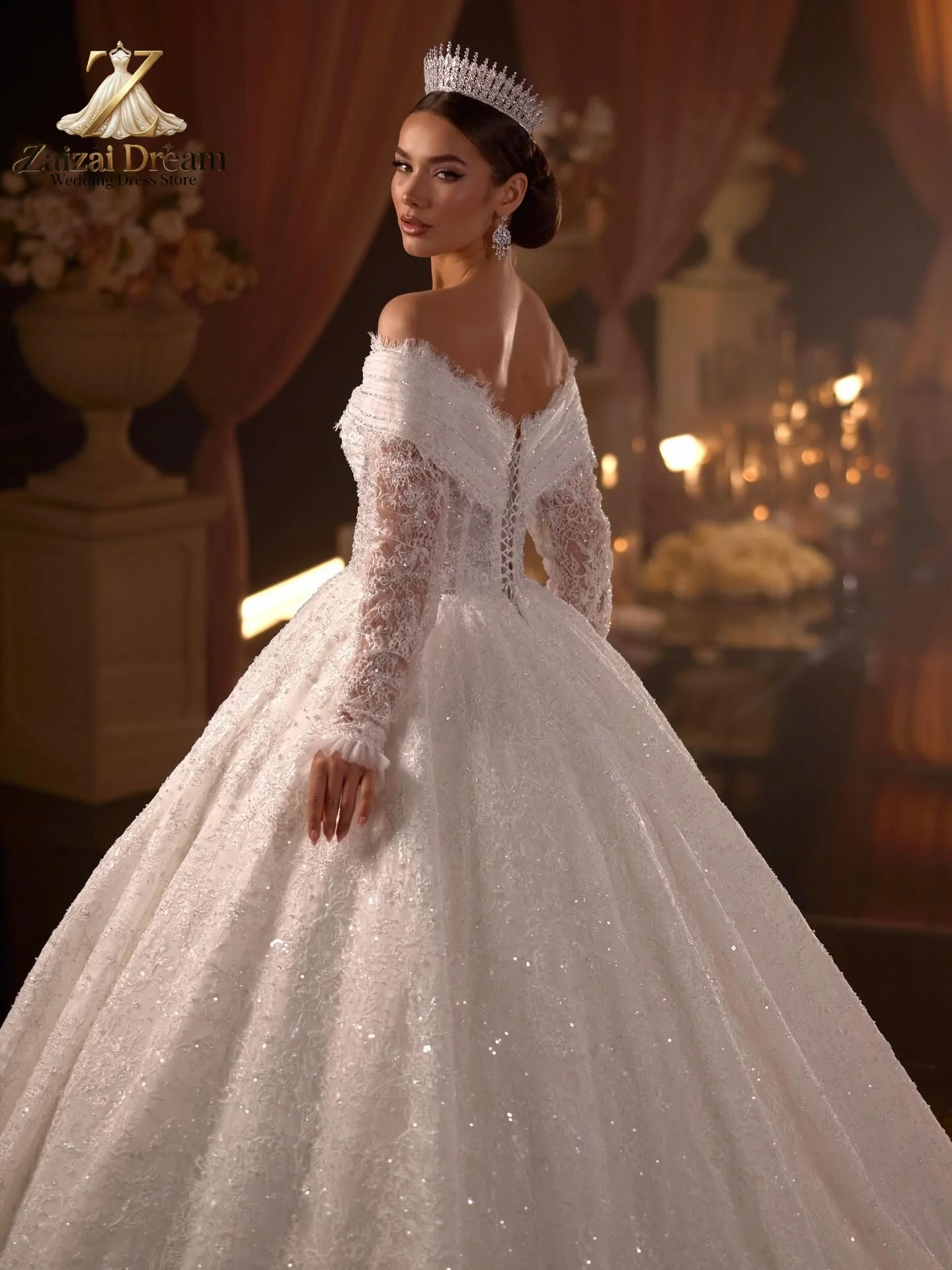 Customized Royal Luxury Princess Wedding Dress Off Shoulder Long Sleeves Lace Ball Gown Vestido De Noiva2027