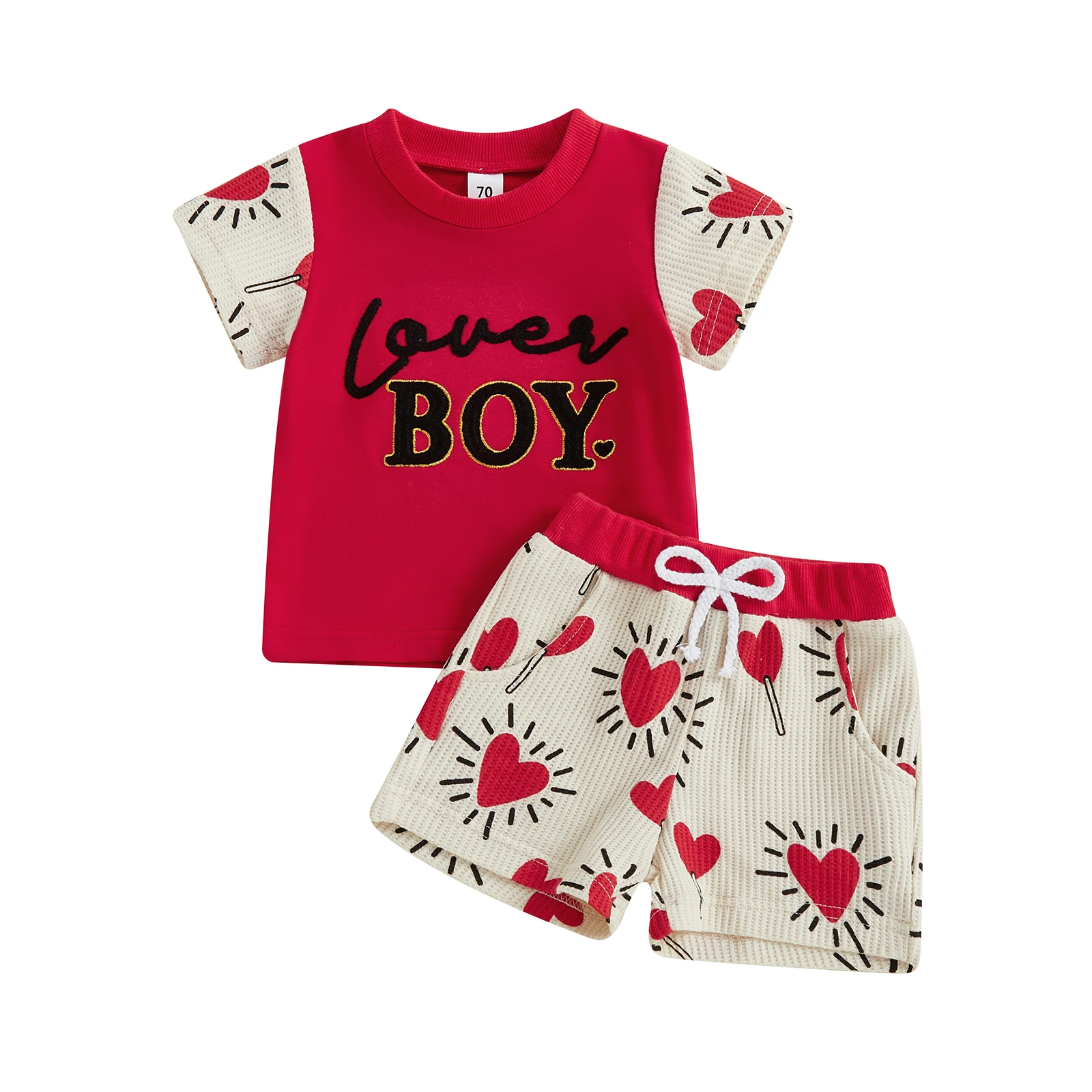 طقم تي شيرت وسروال قصير الأكمام مطبوع عليه قلب لعيد الحب للأطفال الصغار ملابس صيفية مكونة من قطعتين #1