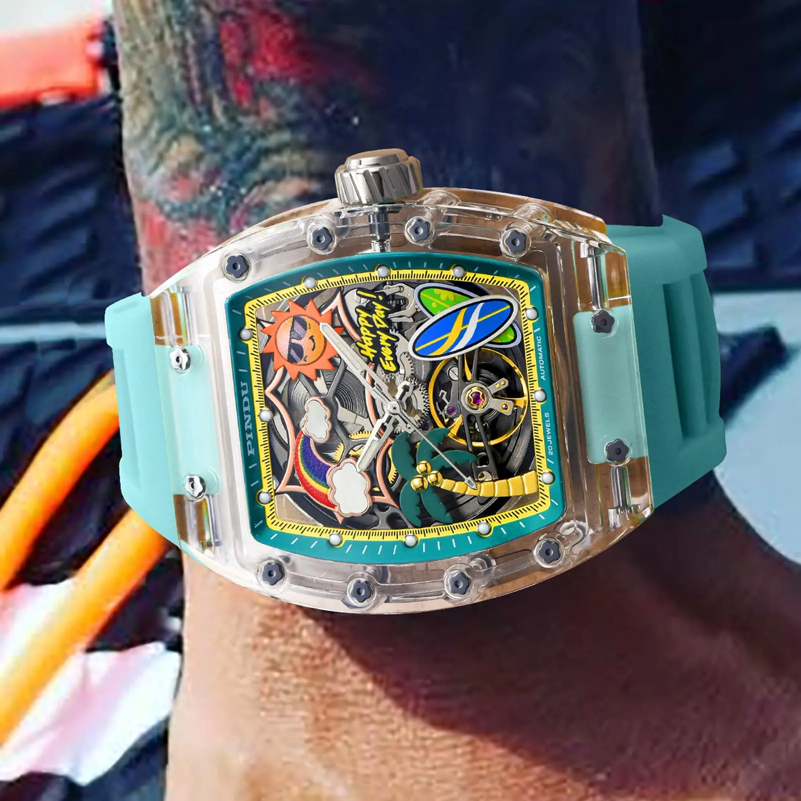 PINDU Design New Bucket Shaped Mechanical Men Watch K9 Glass Summer Beach Style Night Light Silicone Waterproof Automatic Watch view 3