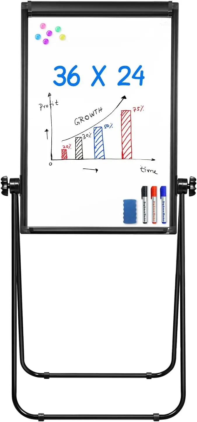 

Double Sided Magnetic Dry Erase Board 36x24, Portable Flipchart Easel with 360° Rotation & Height Adjustable Stand for Teaching