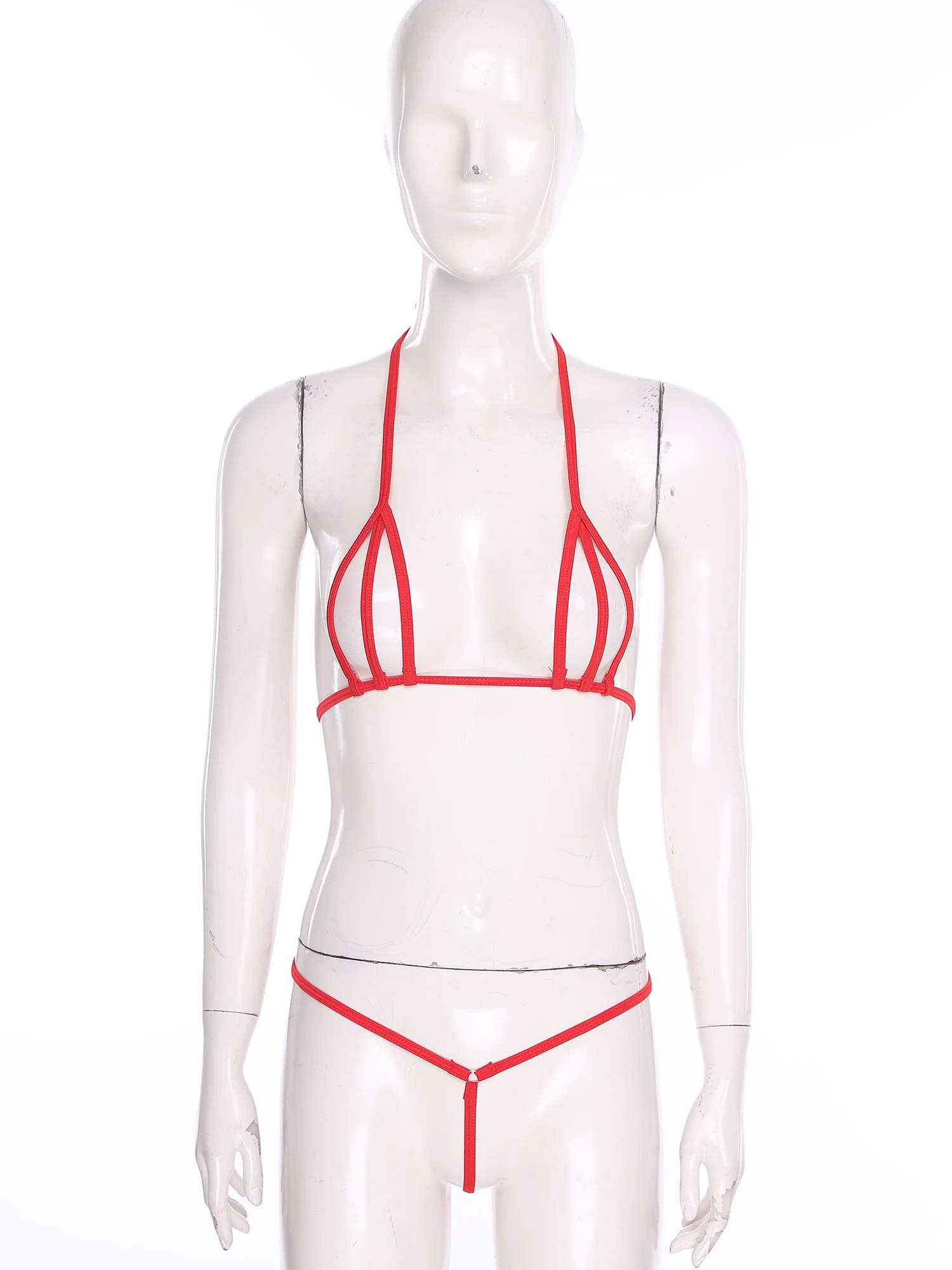 Womens Sexy Extreme Micro Bikini Lingerie Set See Through Hollow Out Halter Neck Tiny Bra with T-back Thongs 2 Piece Nightwear - Image 2