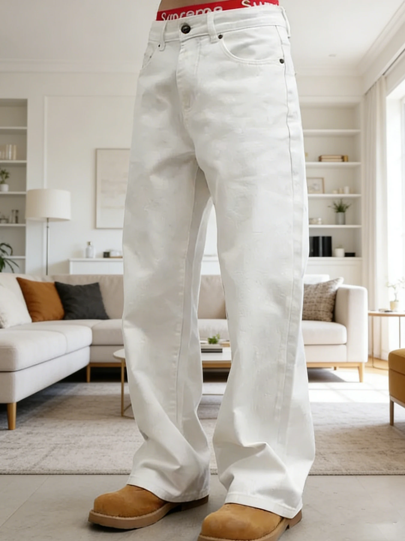 

High-end feeling pure white men's jeans, loose wide-leg style that flatters the legs
