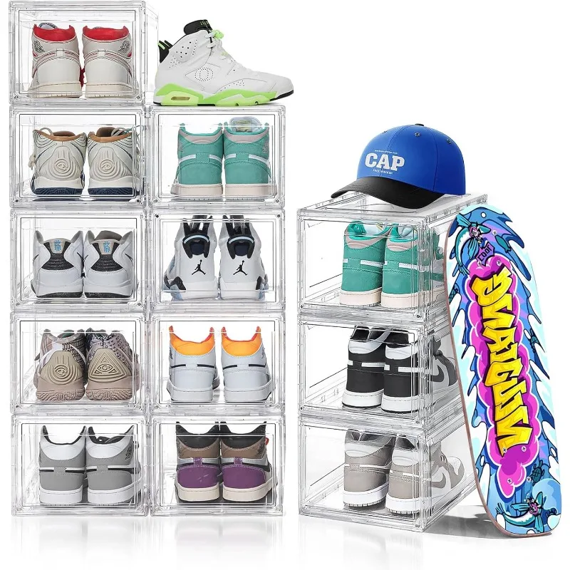 12 Pack Shoe Boxes Clear Plastic Stackable, Larger Clear Shoe Storage Boxes, Sturdy Shoe Storage Boxes