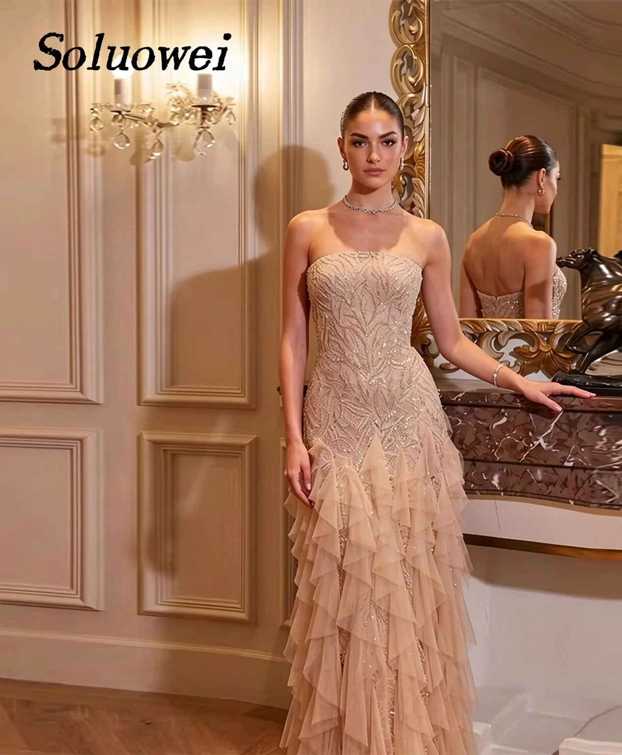 Exquisite Tulle Sequined Rhinestone Evening Dresses Fashion Strapless Sleeveless Floor Length Prom Gown robes du soir Customized