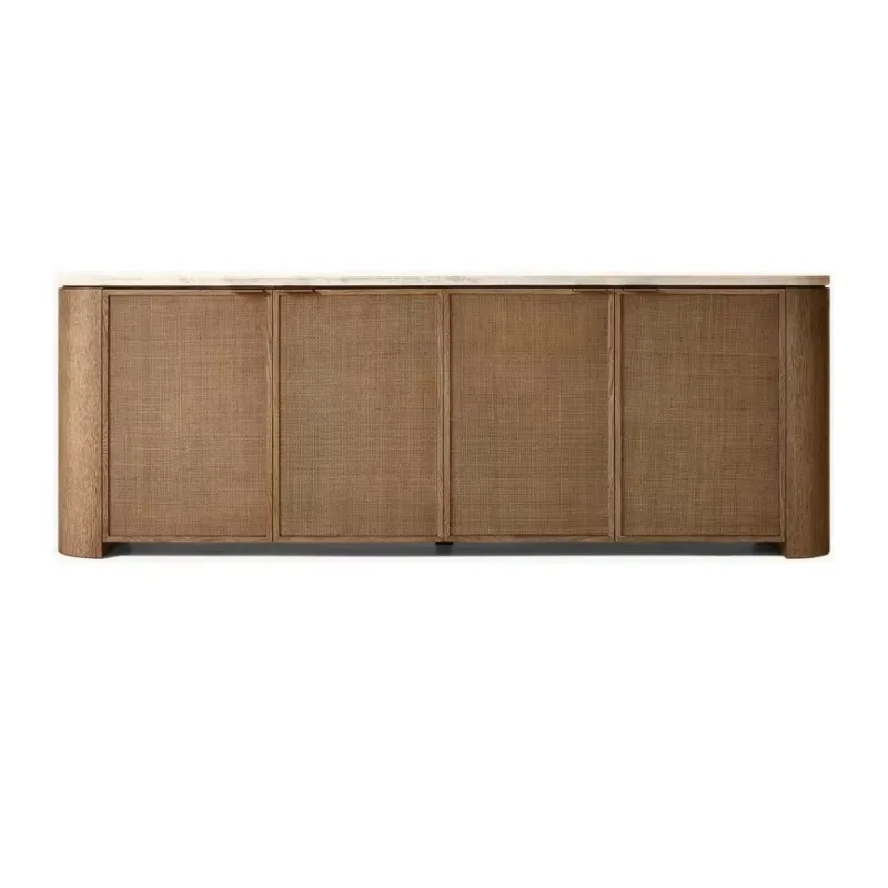 American rattan design white oak decorative sideboard with marble top and adjustable shelving