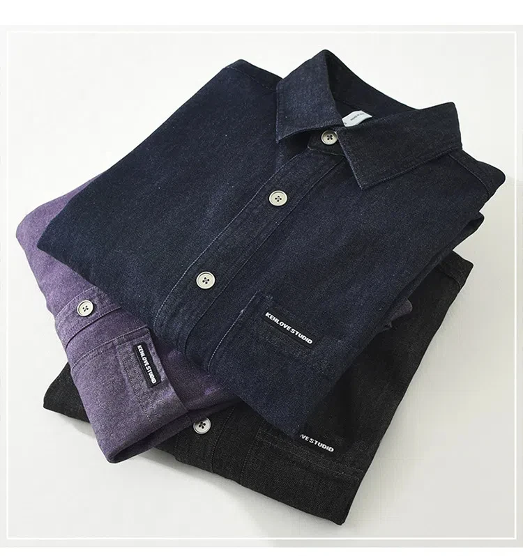 Japanese Style Denim Shirt Men Spring Fall Streetwear Retro Purple Jean Shirts Lapel Pocket Pure Cotton Cowboy Shirt Loose Shirt