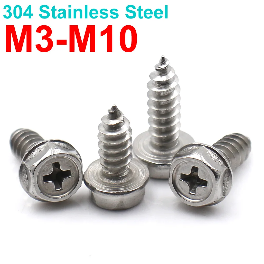 304 Stainless Steel Phillips Hex Washer Head Self Tapping Screws Sharp Point Wood Screws With Washer M3-M10