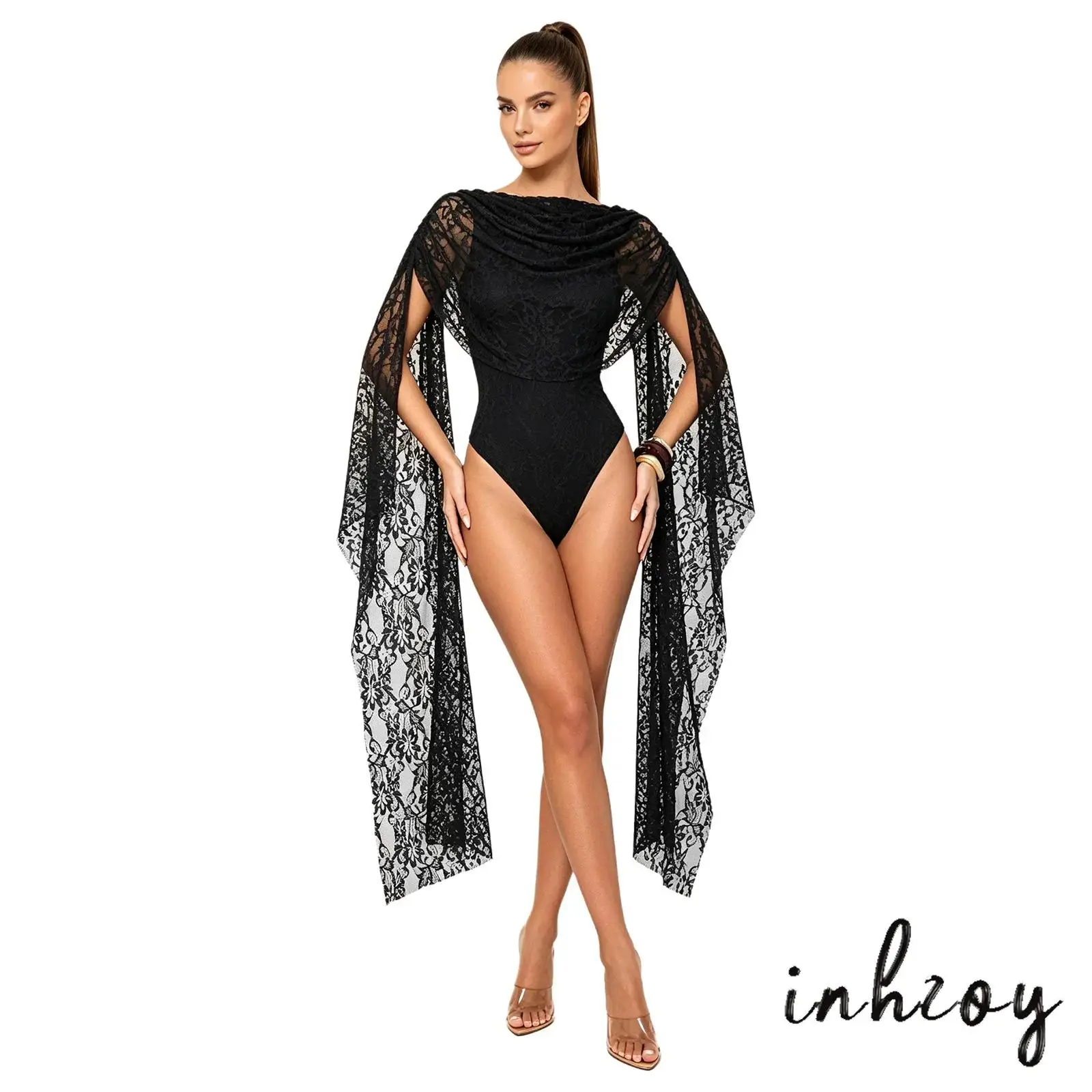New Women Floral Lace Bodysuit Cape Sleeve Front Overlay Backless Button Crotch Elegant Romper Jumpsuit for Dinner Party