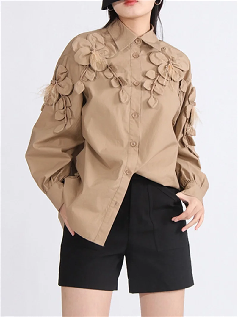 Polo Collar Solid Color Women Suit 1 Piece Shirt Street Wear Female Coat 3D Flower Spring Cotton Loose Style Work Wear