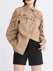 Polo Collar Solid Color Women Suit 1 Piece Shirt Street Wear Female Coat 3D Flower Spring Cotton Loose Style Work Wear