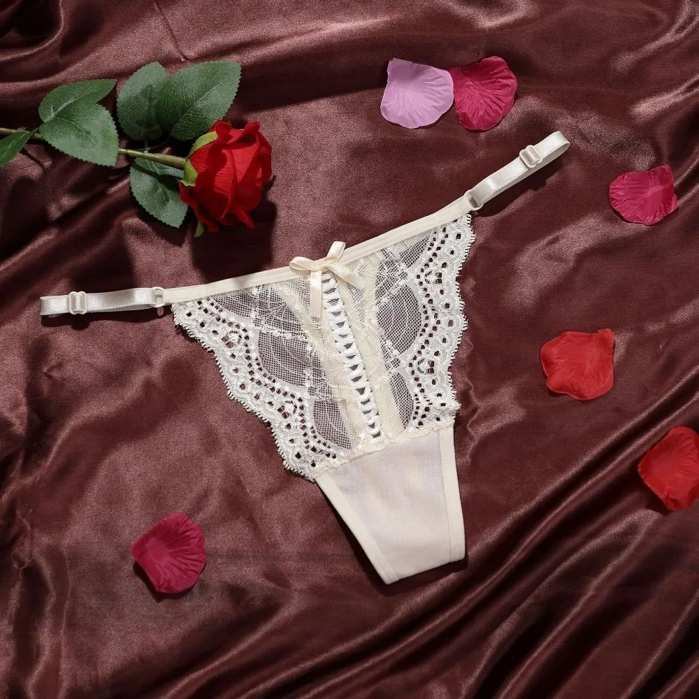 Culotte string respirante à fines bretelles en dentelle avec nœud, sous-vêtement transparent pour femme, culotte en maille transparente sans couture taille basse pour femme