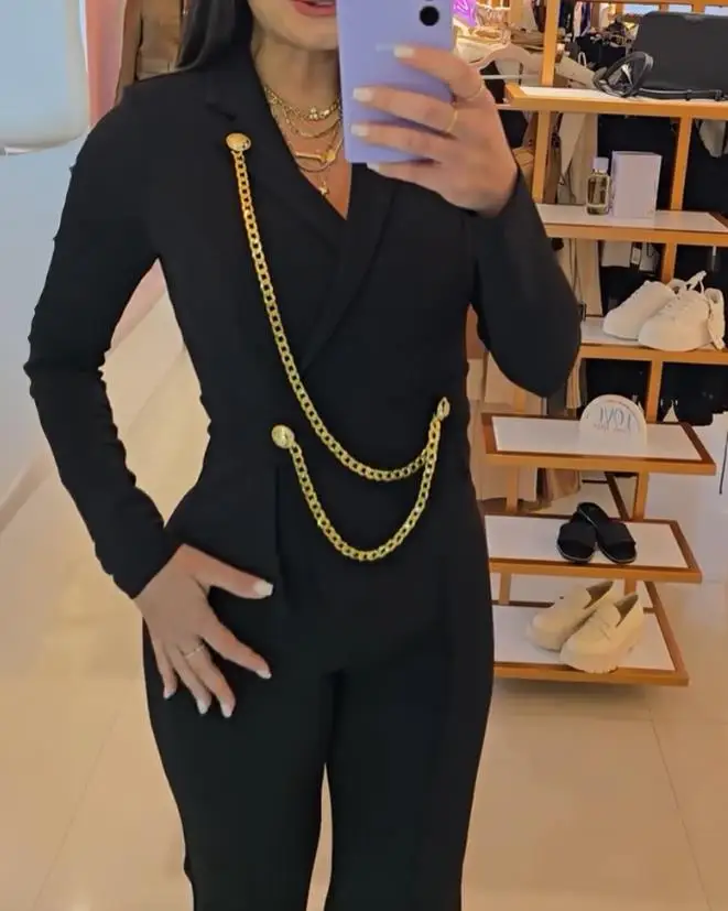 Overall Frauen Kette Taste Dekor Kerb Kragen V-ausschnitt Schlitz Gespleißt Overalls Casual Hohe Taille Naht Vorne Zipper Zurück Overall