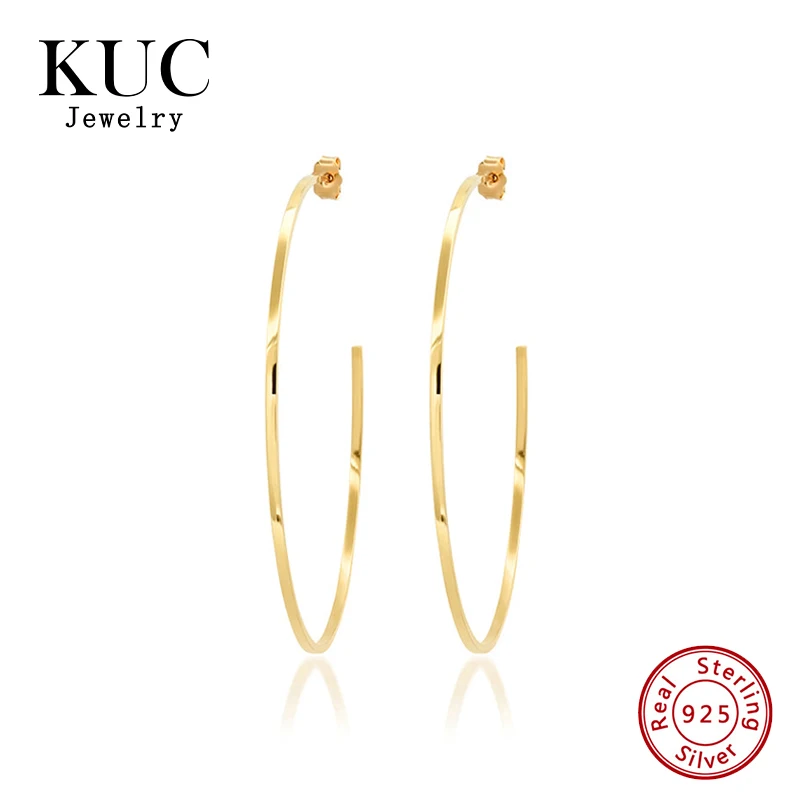 Fine Jewelry Stylish Luxury Minimalist Plata De Ley 925 Sterling Silver 18k Gold Plated Large-sized Hook Stud Earrings