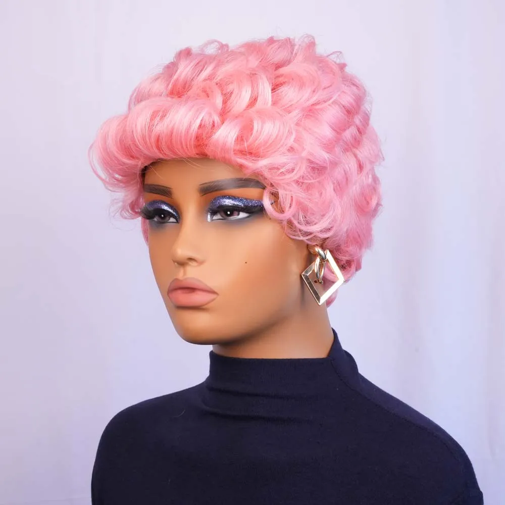 Wig Rambut Manusia Pendek dengan Poni Wig Potongan Pixie Pink untuk Wanita Kulit Hitam Rambut Manusia Remy Gaya Rambut Berlapis Wig Buatan Mesin