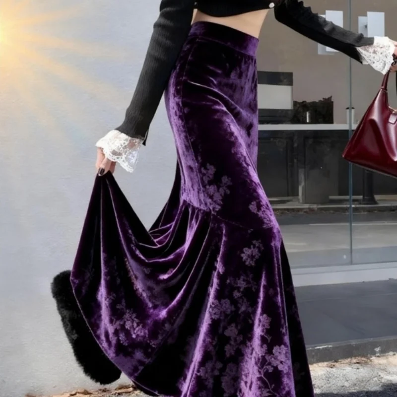 

New Luxury Fashion Velvet Long Skirt Women Purple Flower Wool Slim Wrapped Hip High Waist Pleated Skirts Elegant Jupe