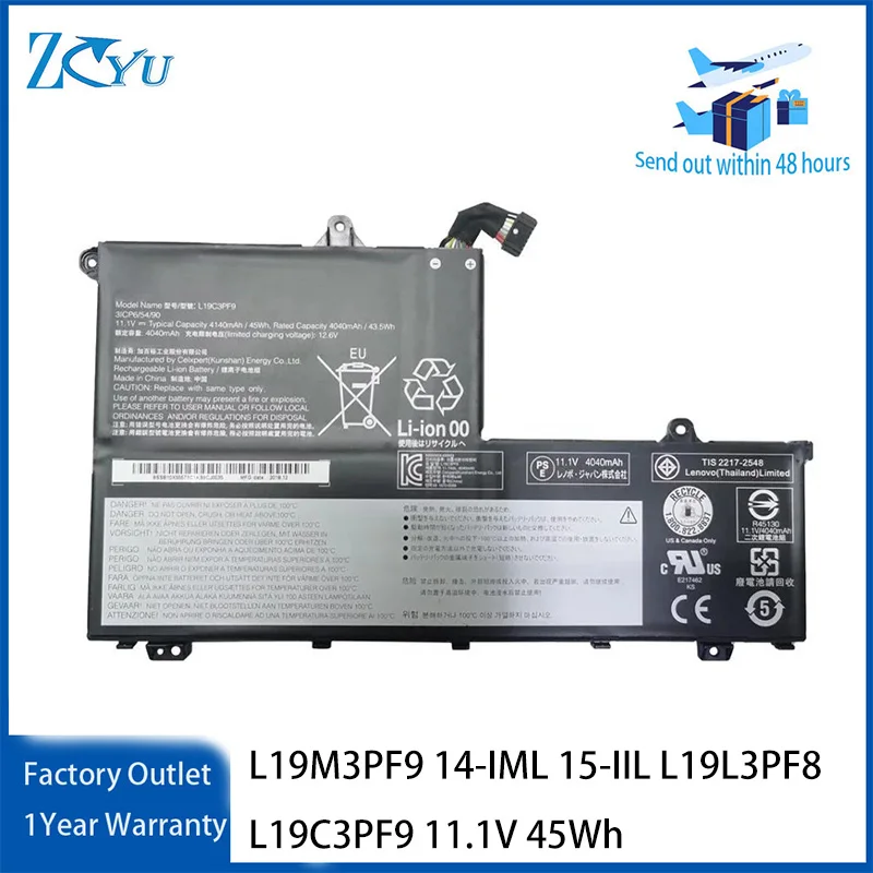 

L19M3PF9 Laptop Battery for Lenovo K4E E4 ThinkBook 14-IML 15-IIL L19L3PF8 L19C3PF9 etc. e 11.1V 45Wh