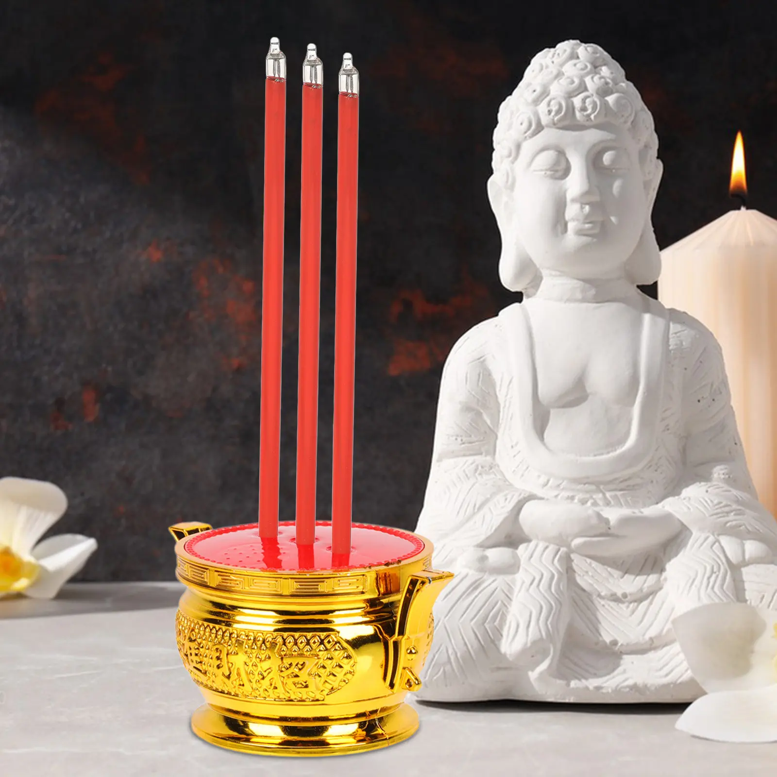 12Pcs LED Lotus Buddhist Light Flameless Electronic Incense Burner for Altar Worship Zen Temple Decor Red