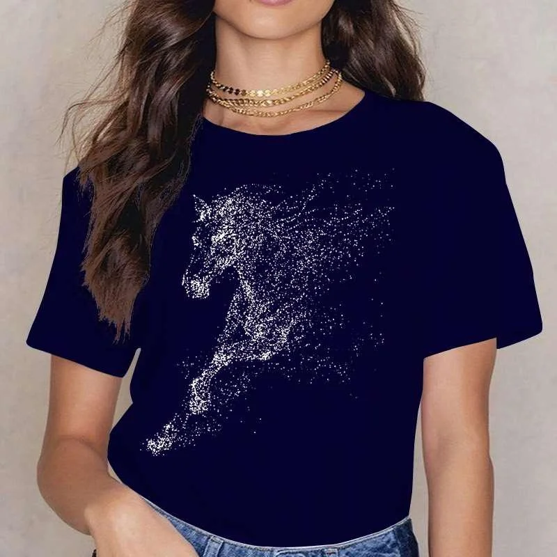 Fashion Horse Print T-shrits For Women Summer Short Sleeve Round Neck Cute Loose T-shirt Creative Personalized Tops