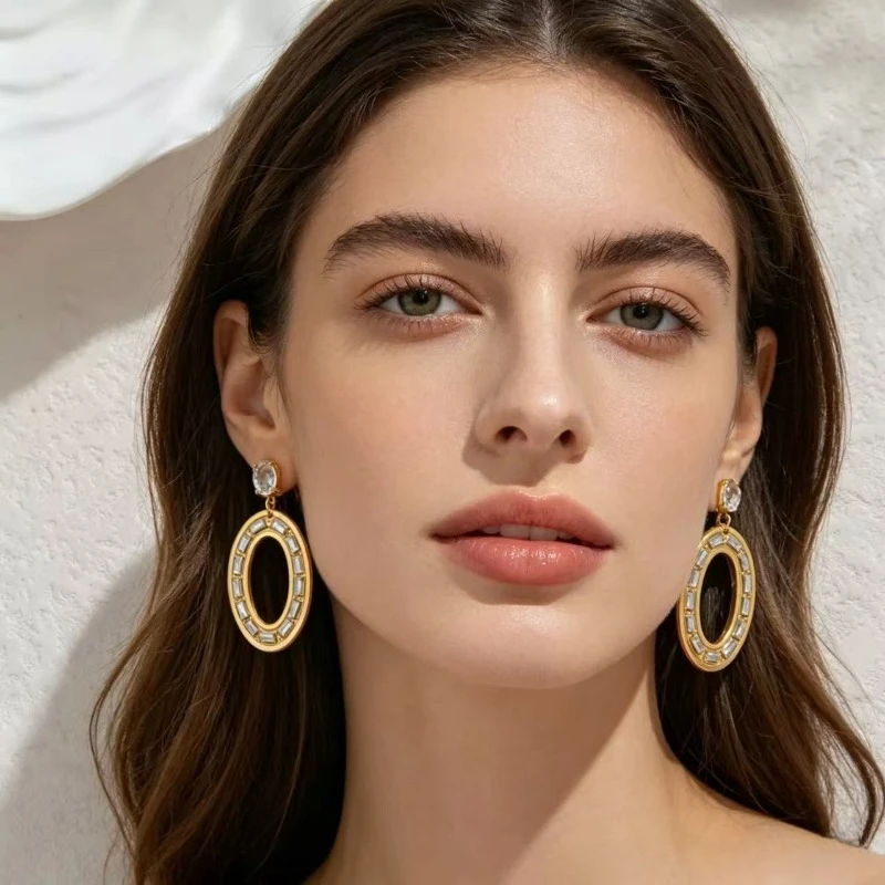 PRISCA | Diamond Oval Dangle Earrings  Women Stainless Steel Trendy Shopping Jewelry 18k Gold Plated Hot Sale