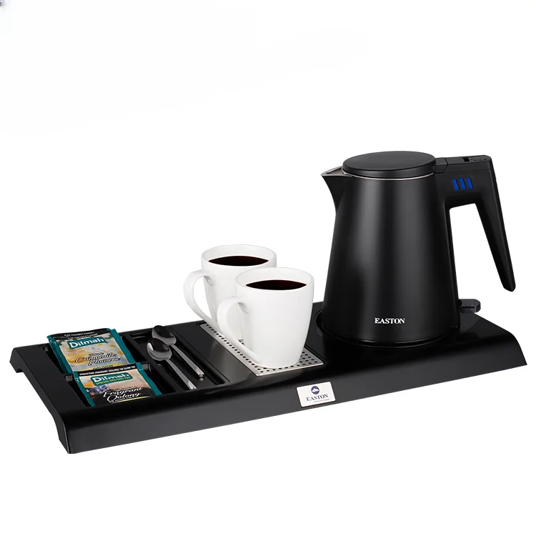 Modern Hotel Bedroom Guestroom Classic For  0.6L Matt Black 304 Stainless Steel Double Wall Electric Kettle Tray Sets